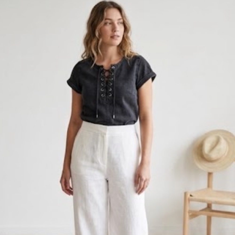 Sezane Gigi Black Denim Lace Up‎ Top Womens Size 36 US 4 Small
